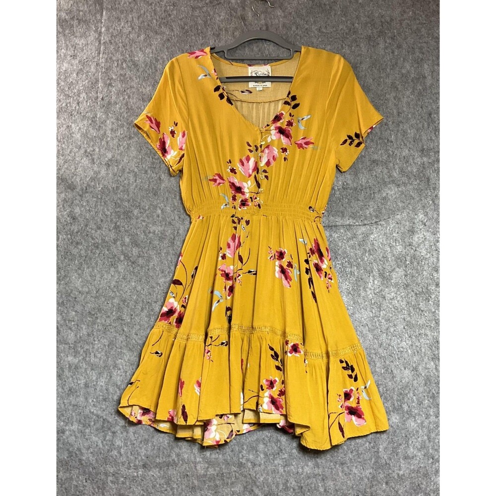 Sunday Mi Amor Dress Womens Medium Yellow Floral Knee Length Boho Festival